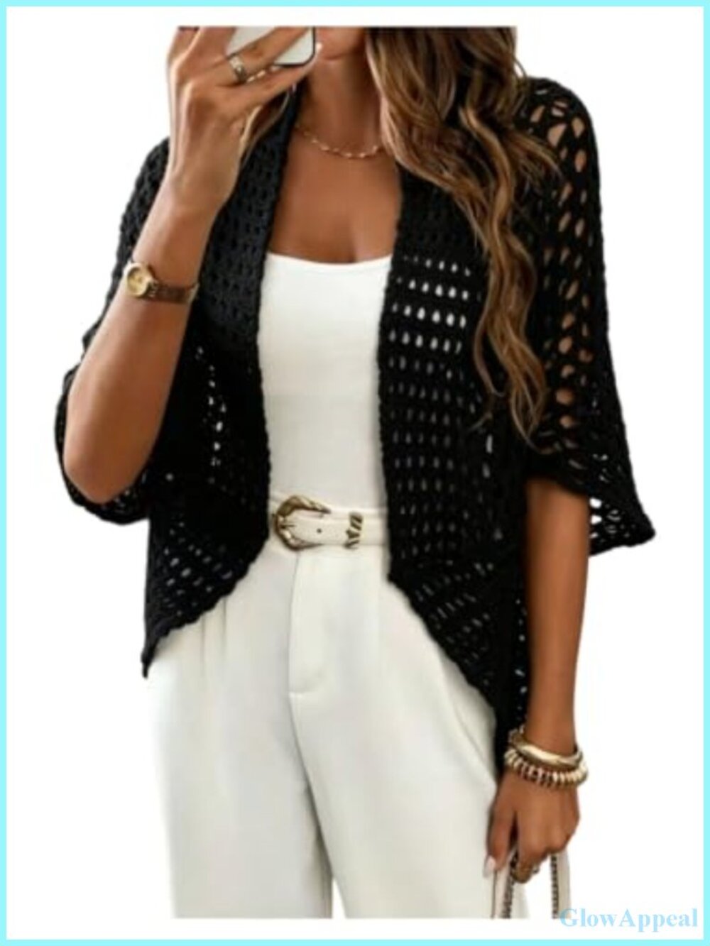 Women's Crochet Hollow Out Knit Lightweight Cardigan Open Front Loose Fit